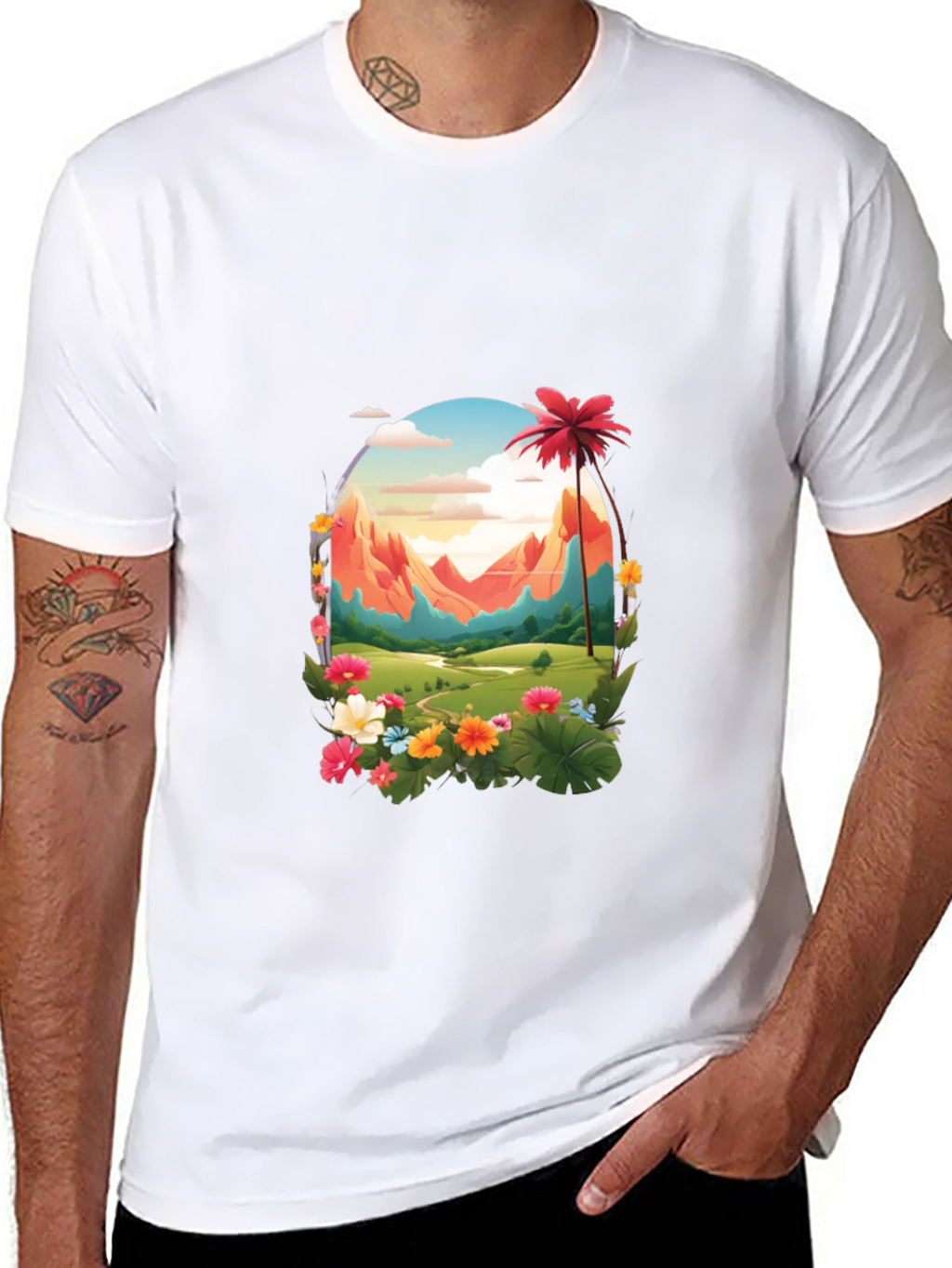 Tropical Mountain Graphic Black T-Shirt