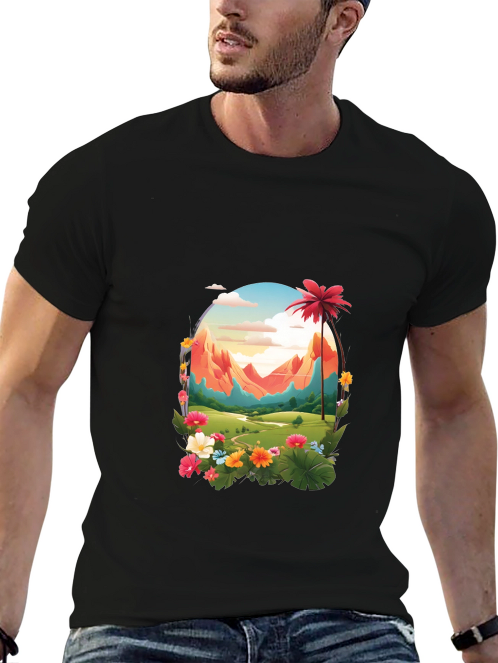 Tropical Mountain Graphic Black T-Shirt