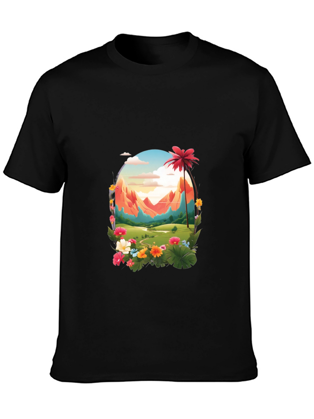 Tropical Mountain Graphic Black T-Shirt