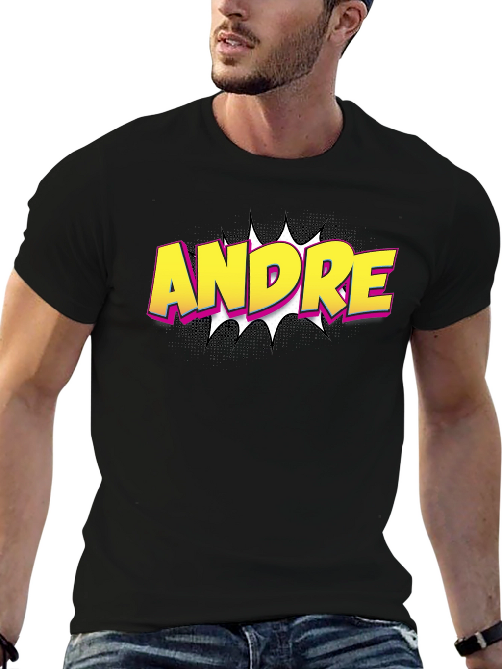 Andre Comic Book Style Black T-Shirt