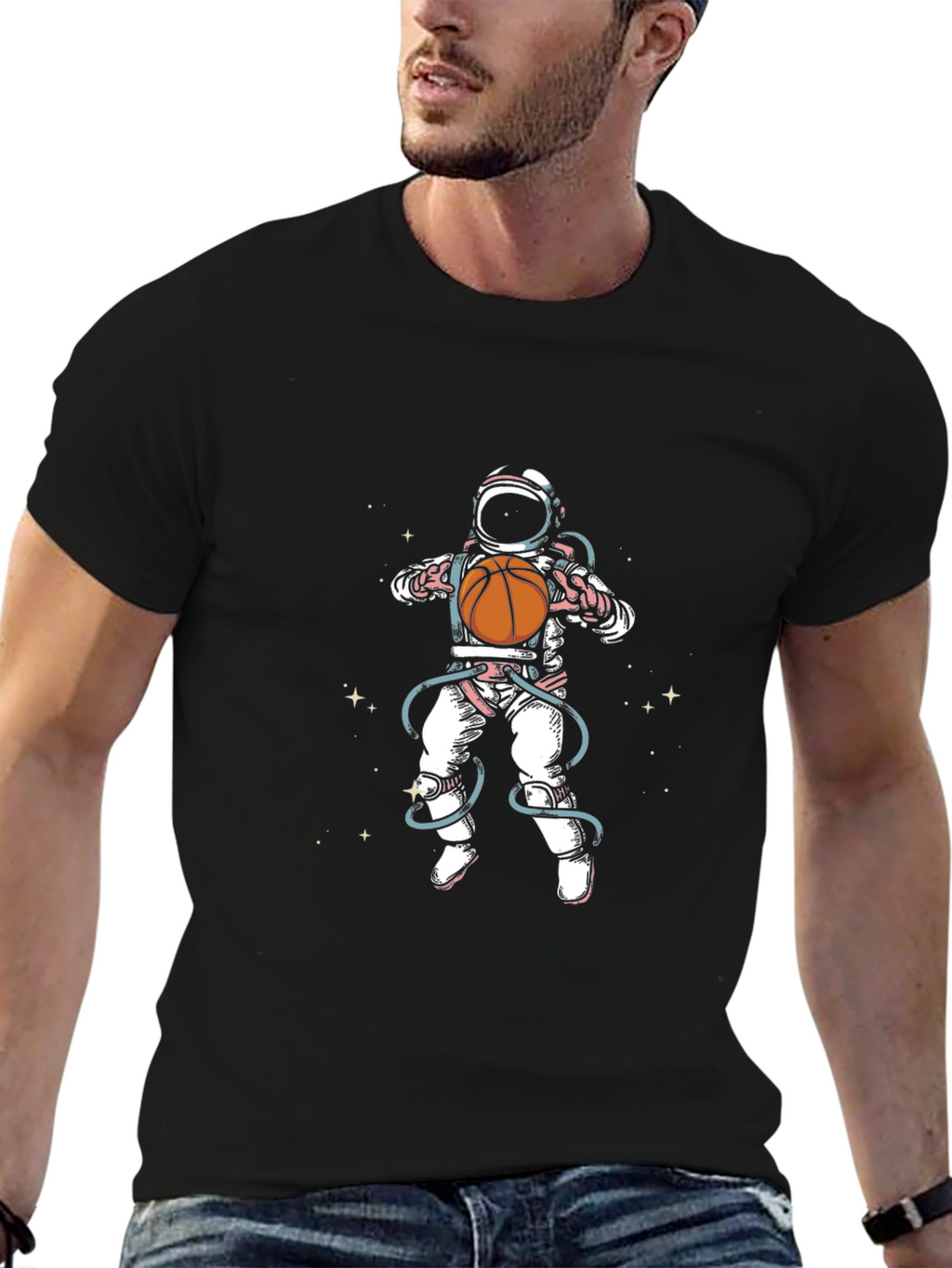 Astronaut Basketball Graphic Tee - Black Cotton Blend