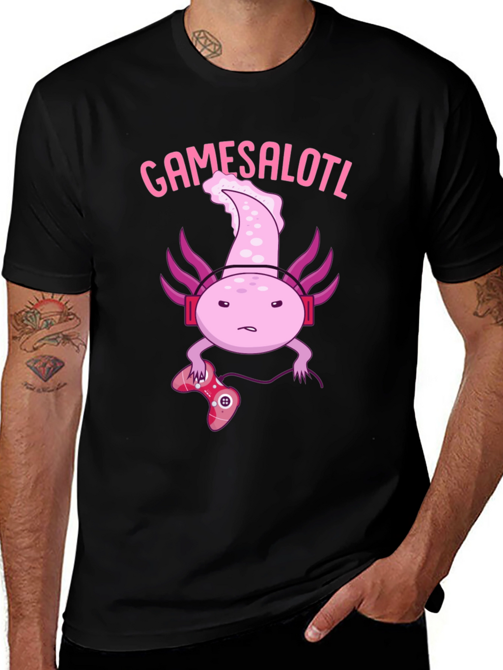 Gamesalotl Gamer Axolotl Black Graphic T-Shirt