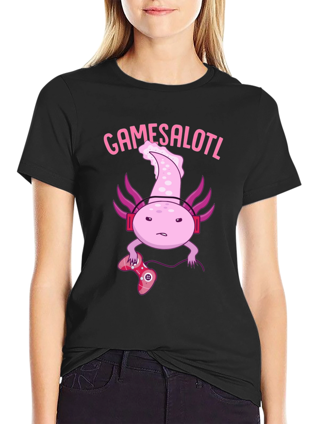 Gamesalotl Gamer Axolotl Black Graphic T-Shirt