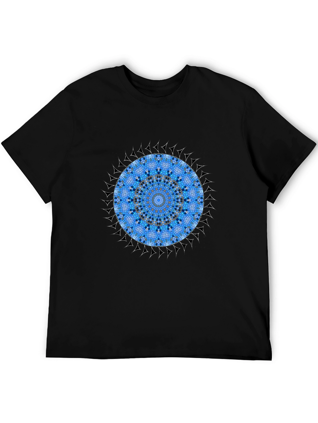 Blue Mosaic Mandala Graphic Black T-Shirt