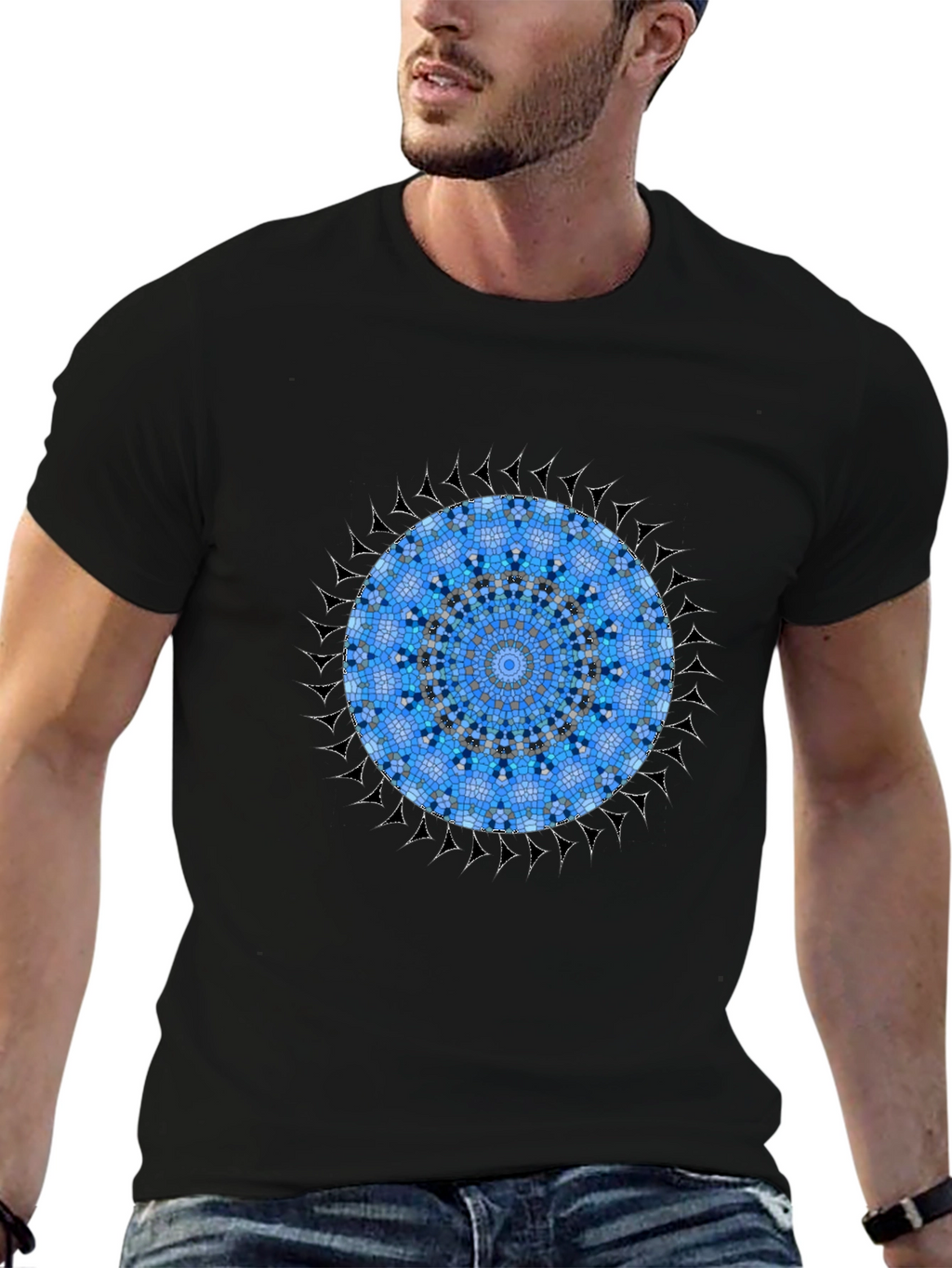 Blue Mosaic Mandala Graphic Black T-Shirt