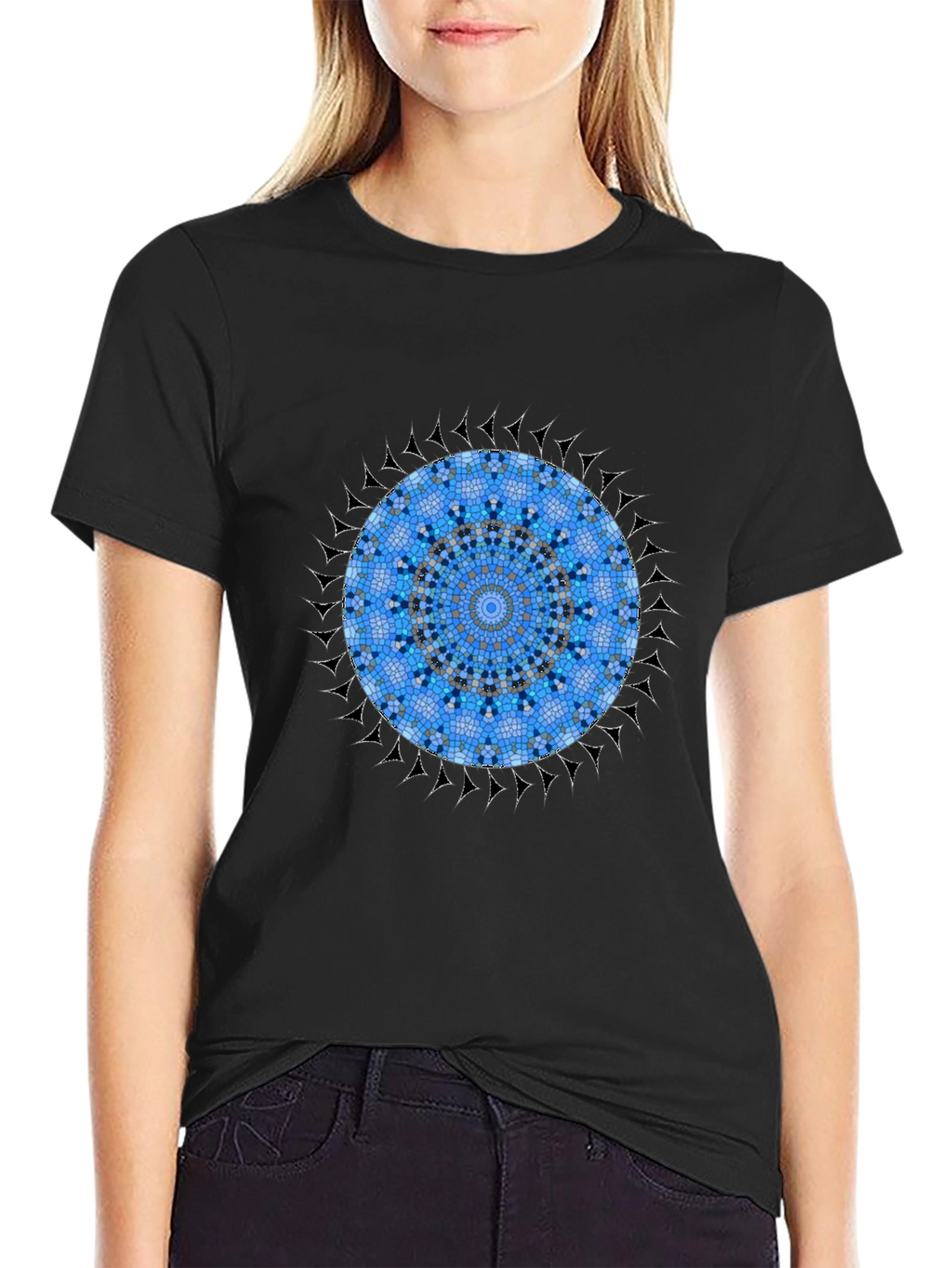 Blue Mosaic Mandala Graphic Black T-Shirt
