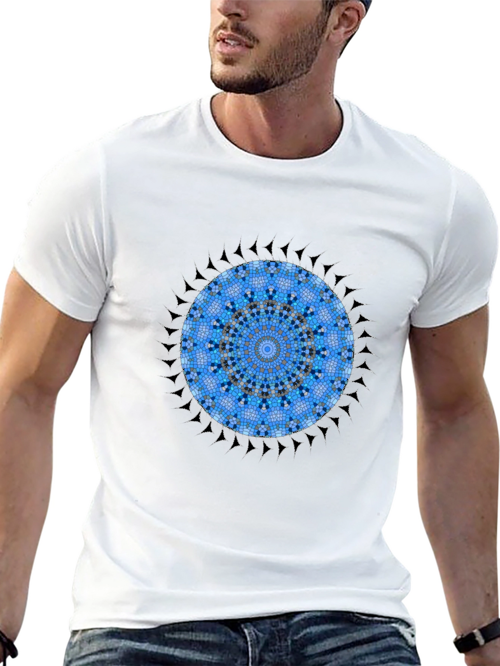 Blue Mosaic Mandala Graphic Black T-Shirt