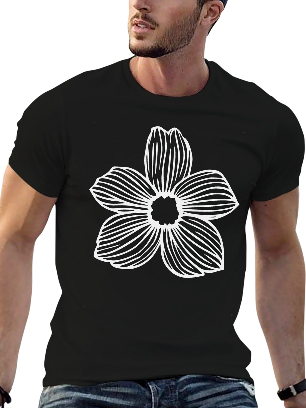 Mens Black T-Shirt with White Flower Graphic