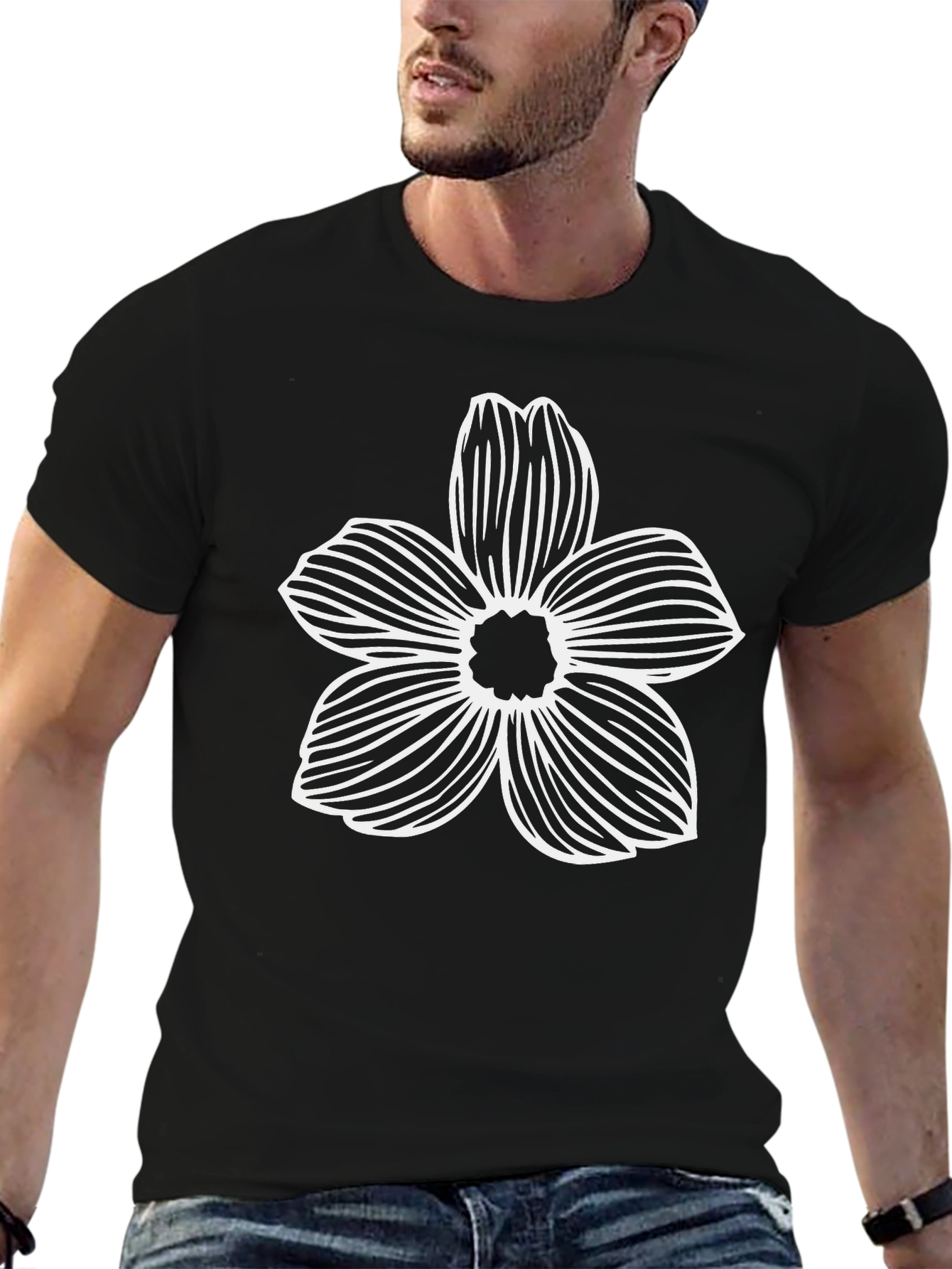 Mens Black T-Shirt with White Flower Graphic
