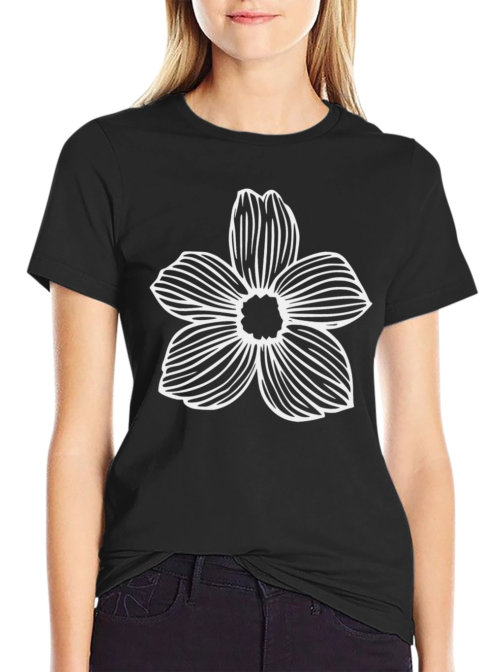 Mens Black T-Shirt with White Flower Graphic