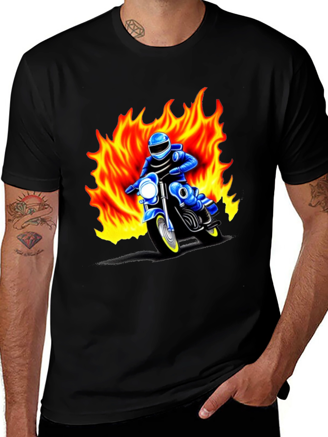 Mens Graphic T-Shirt - Motorcycle Rider in Flames