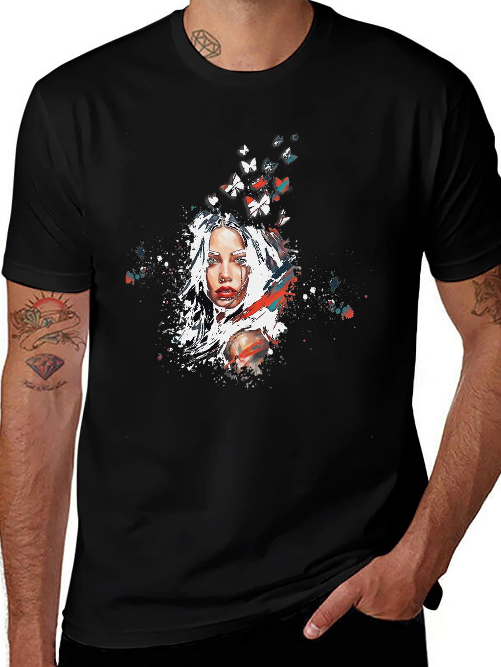 Artistic Woman Butterfly Graphic Black T-Shirt