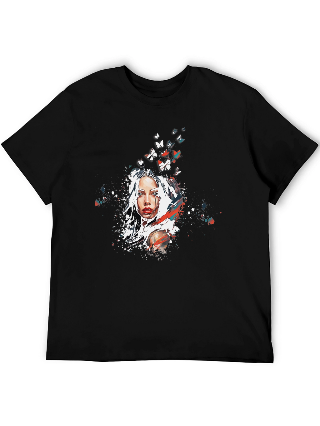 Artistic Woman Butterfly Graphic Black T-Shirt