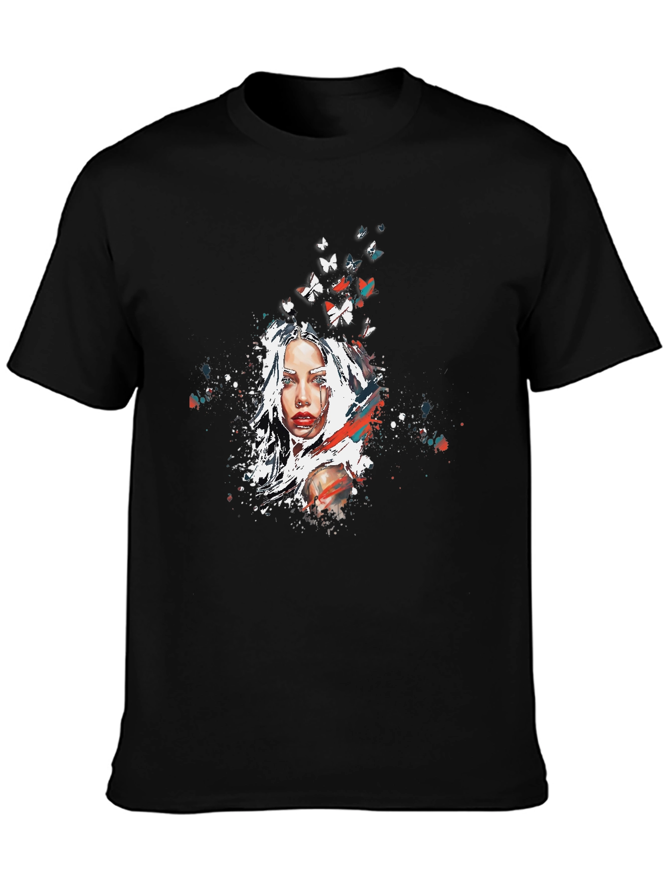 Artistic Woman Butterfly Graphic Black T-Shirt