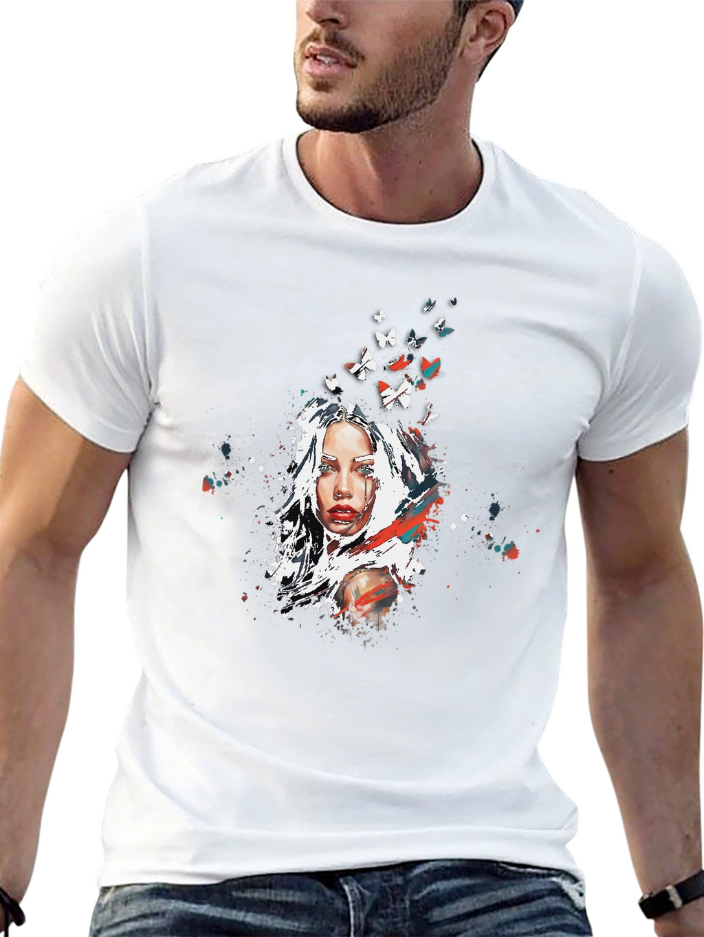 Artistic Woman Butterfly Graphic Black T-Shirt