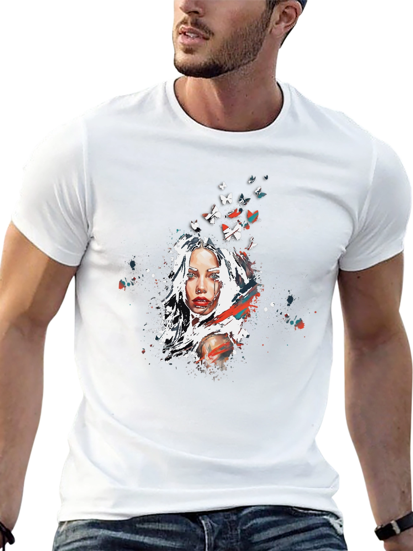 Artistic Woman Butterfly Graphic Black T-Shirt