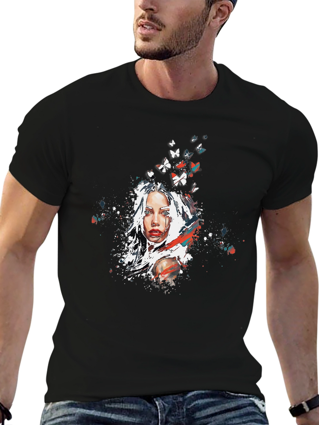Artistic Woman Butterfly Graphic Black T-Shirt