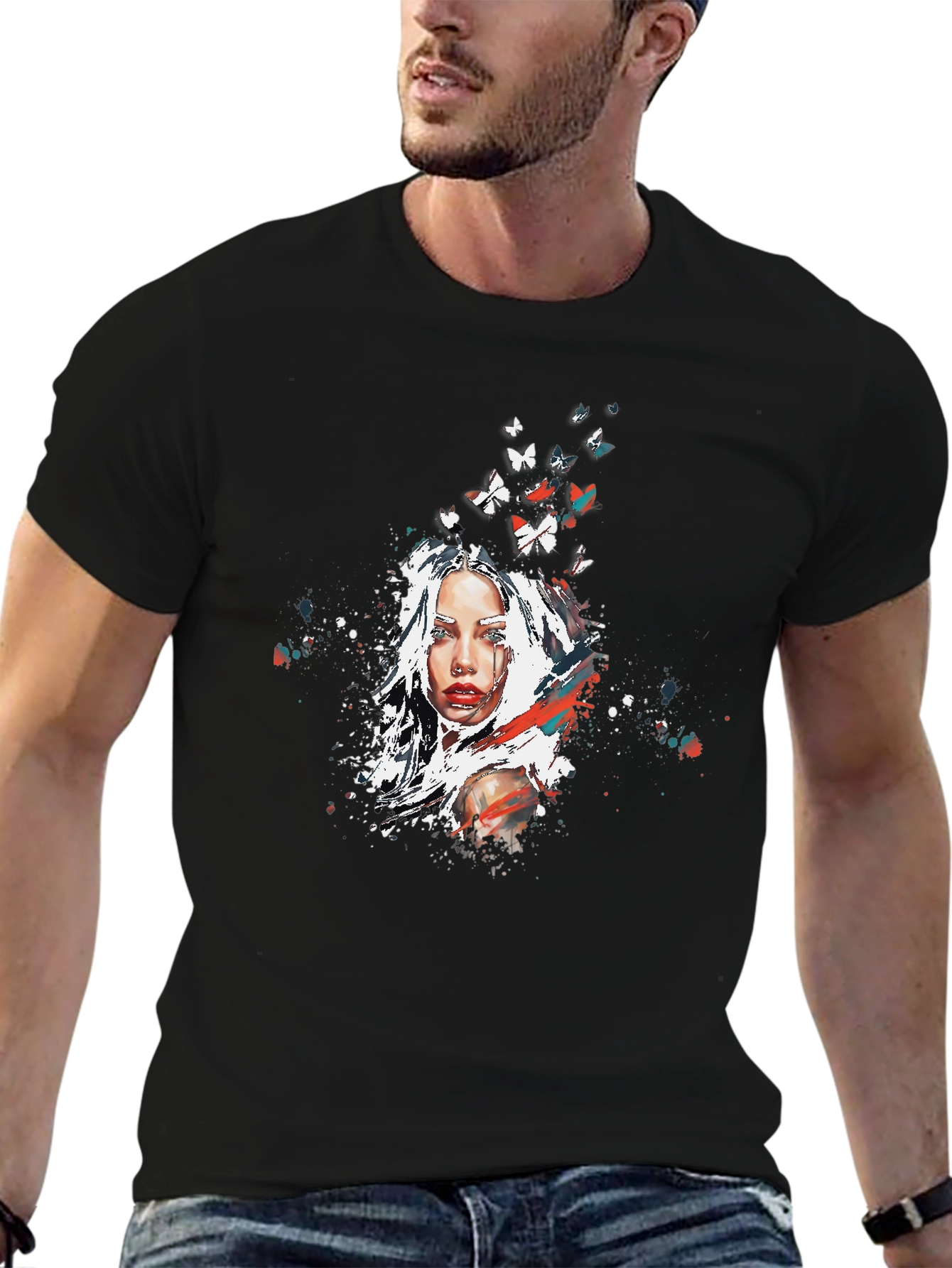 Artistic Woman Butterfly Graphic Black T-Shirt