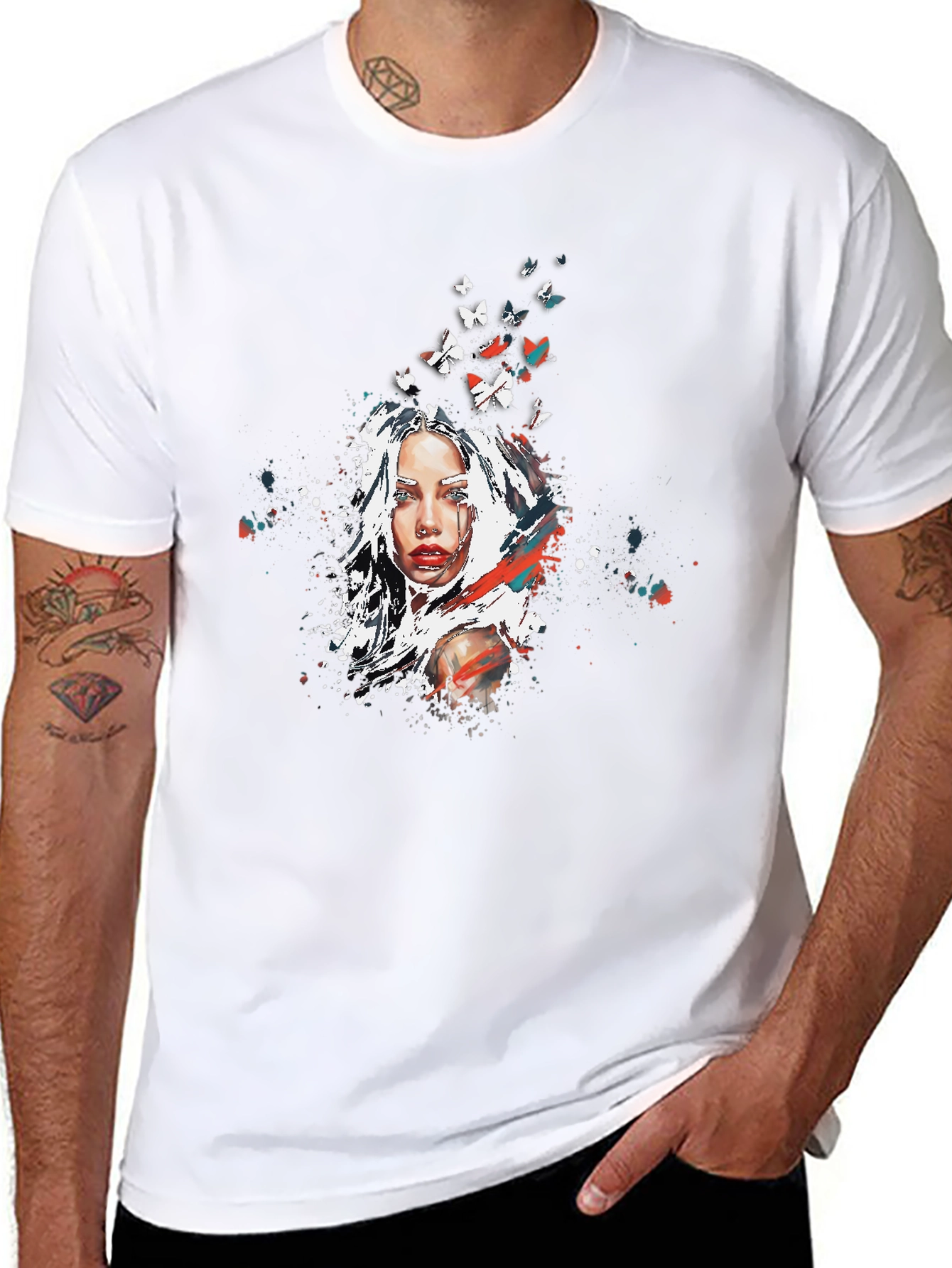 Artistic Woman Butterfly Graphic Black T-Shirt