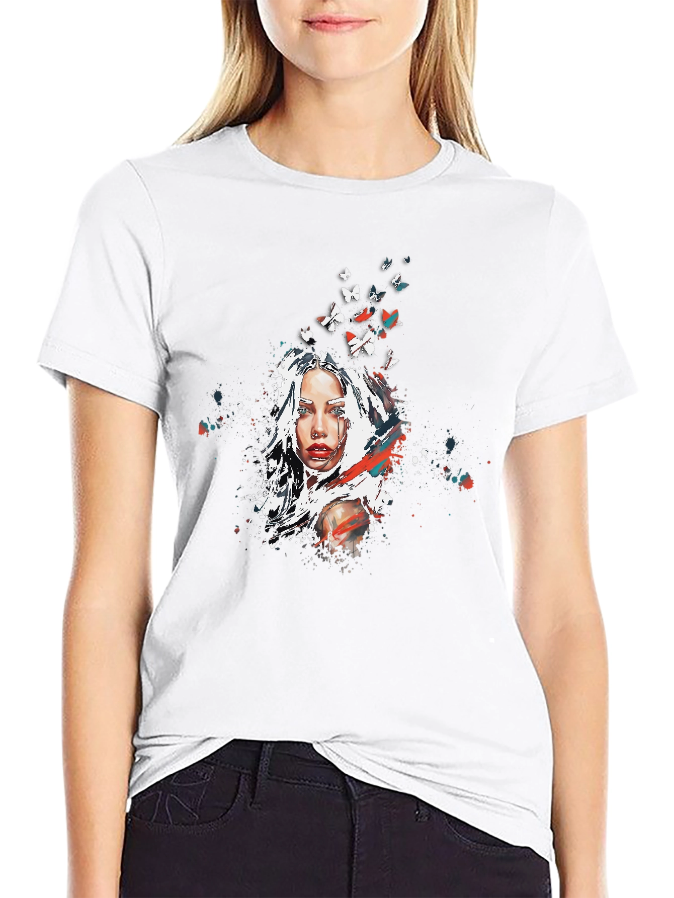 Artistic Woman Butterfly Graphic Black T-Shirt