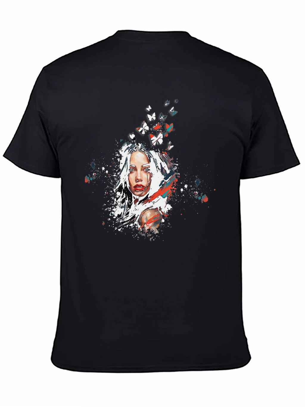 Artistic Woman Butterfly Graphic Black T-Shirt