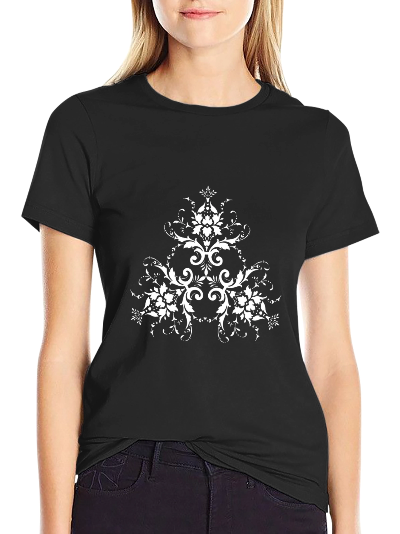 Elegant Black T-Shirt with White Floral Design