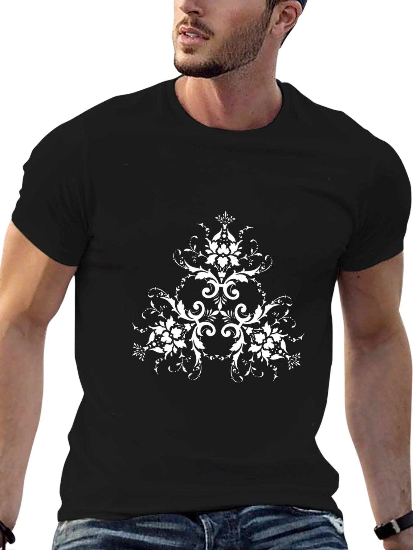 Elegant Black T-Shirt with White Floral Design