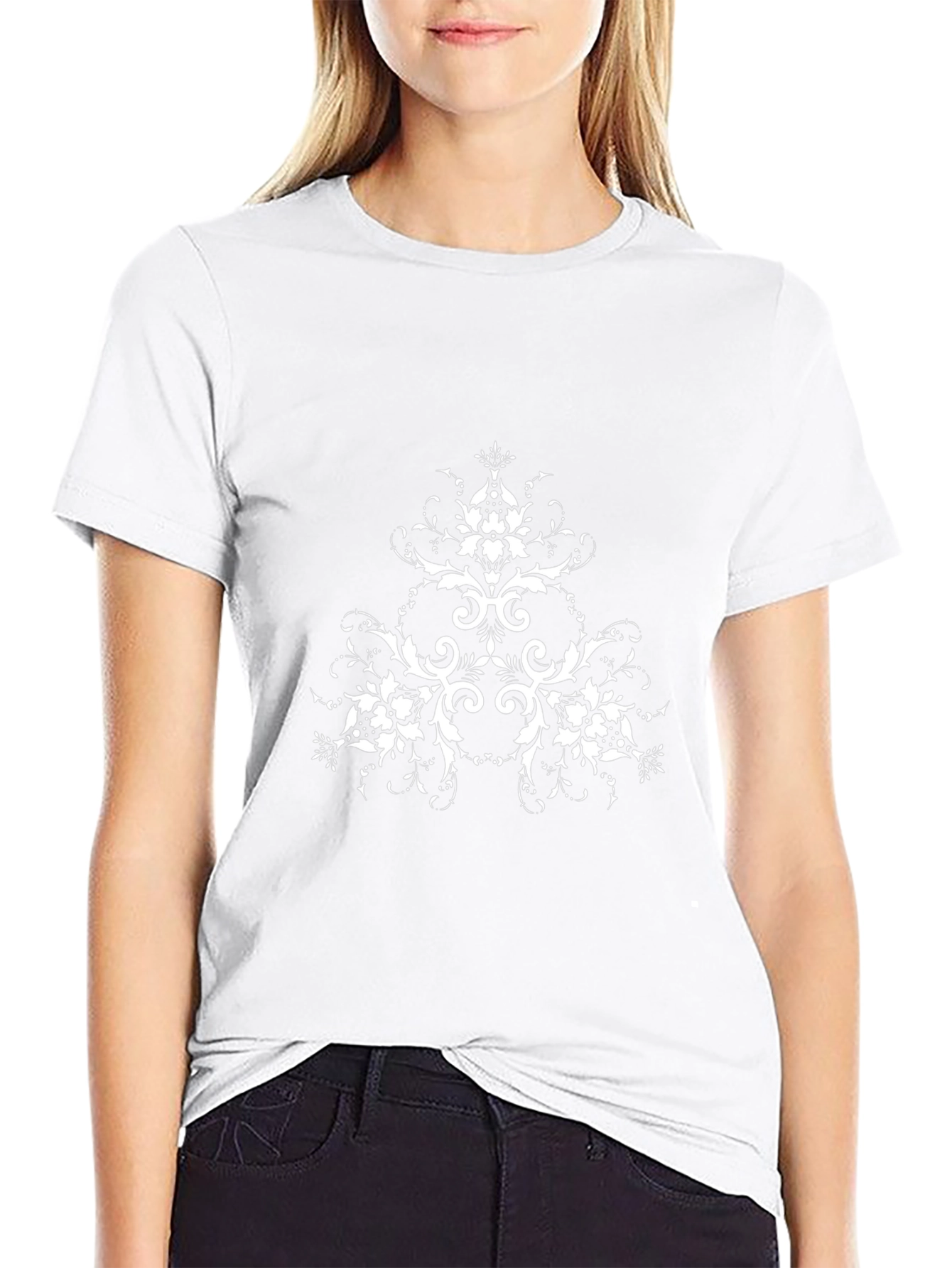 Elegant Black T-Shirt with White Floral Design