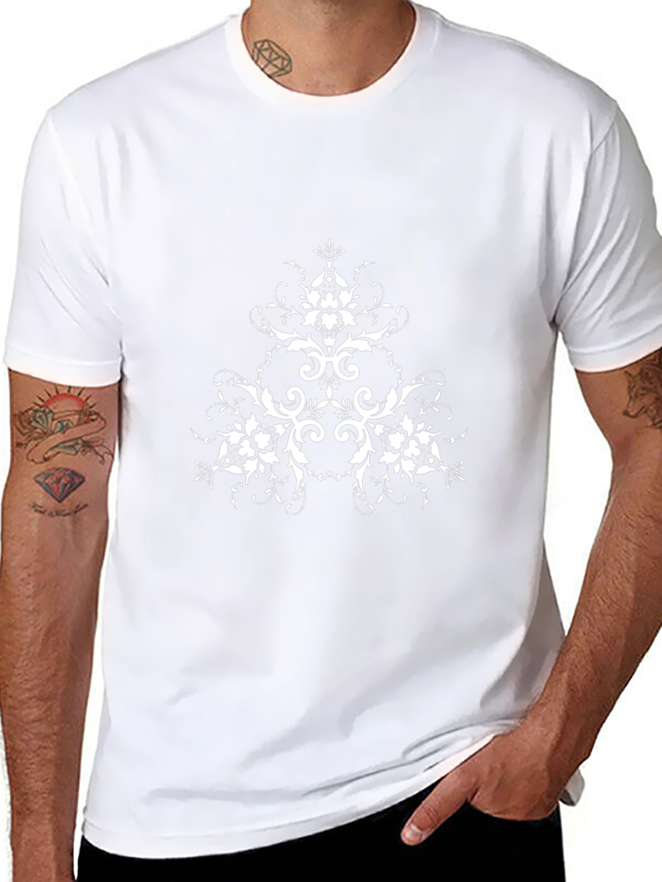 Elegant Black T-Shirt with White Floral Design