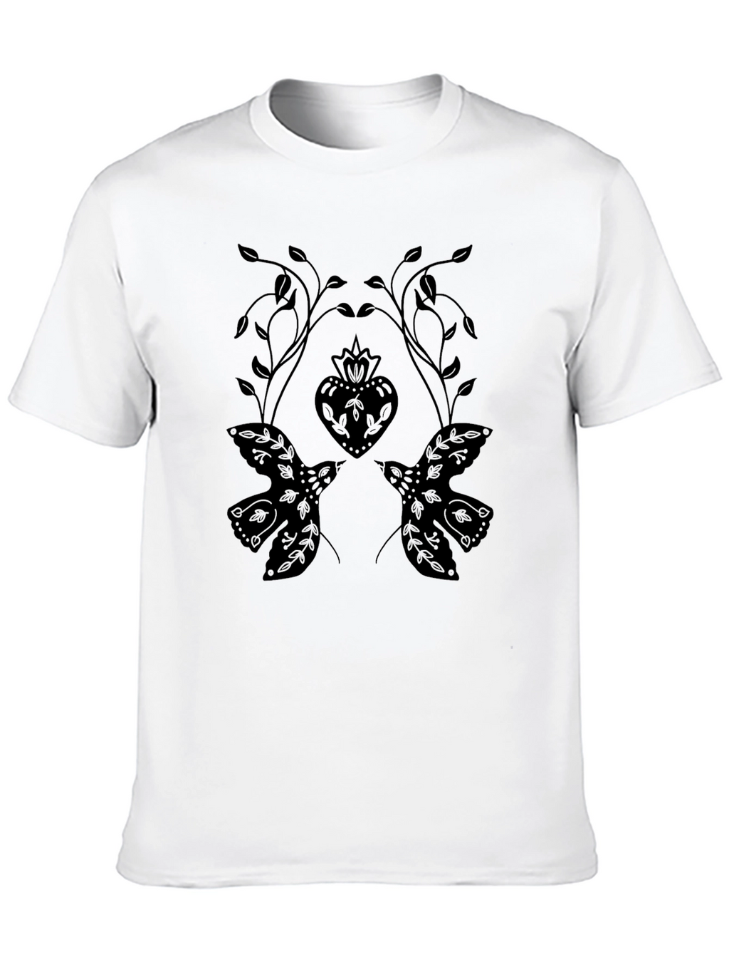 Black T-Shirt with Dove and Heart Graphic