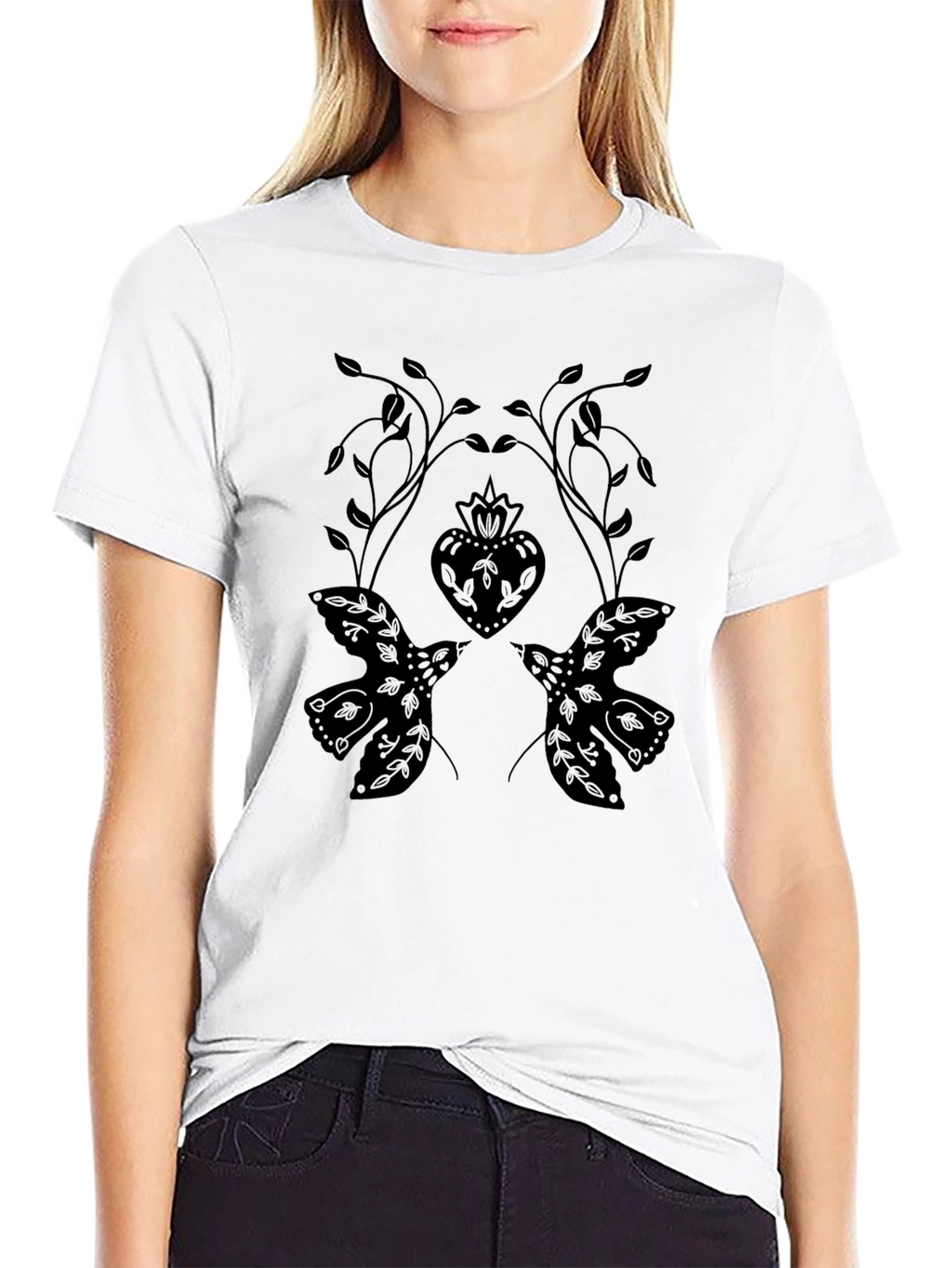 Black T-Shirt with Dove and Heart Graphic