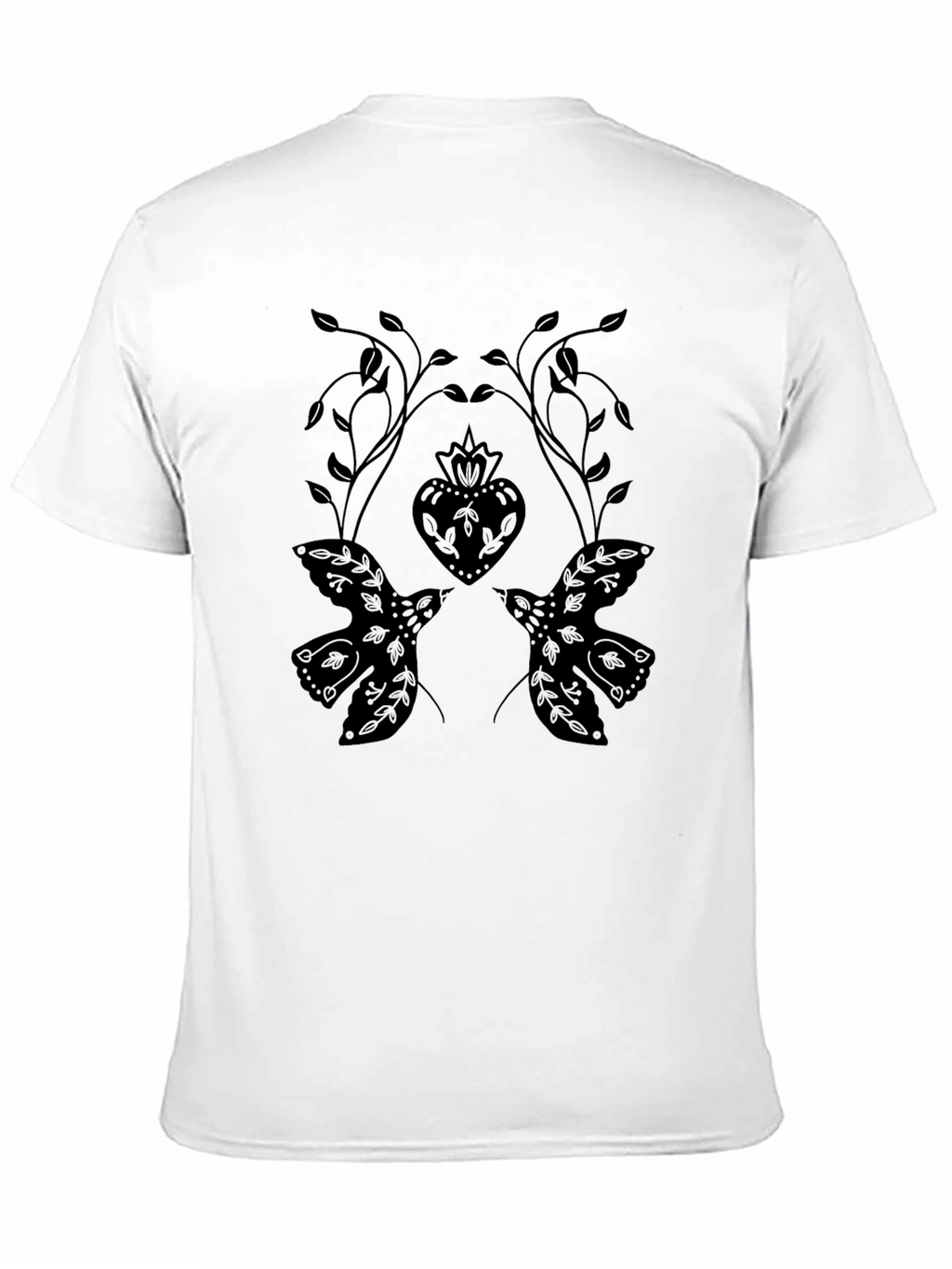 Black T-Shirt with Dove and Heart Graphic