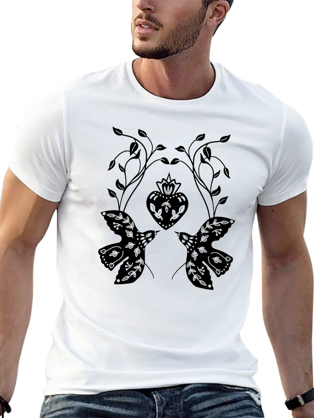 Black T-Shirt with Dove and Heart Graphic