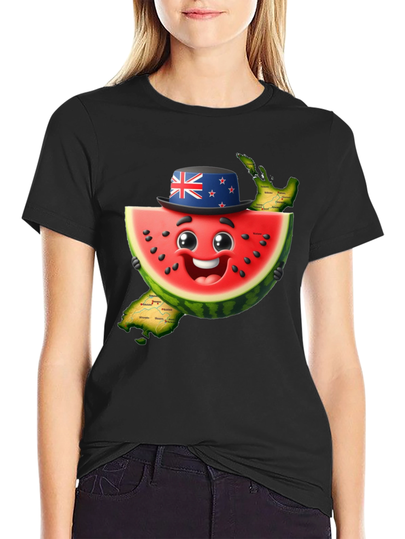 Novelty Watermelon New Zealand Map Graphic T-Shirt