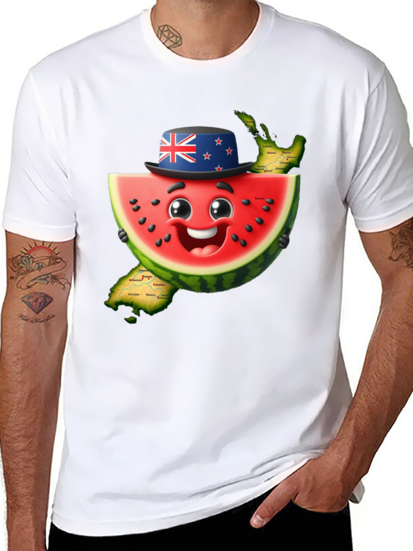 Novelty Watermelon New Zealand Map Graphic T-Shirt