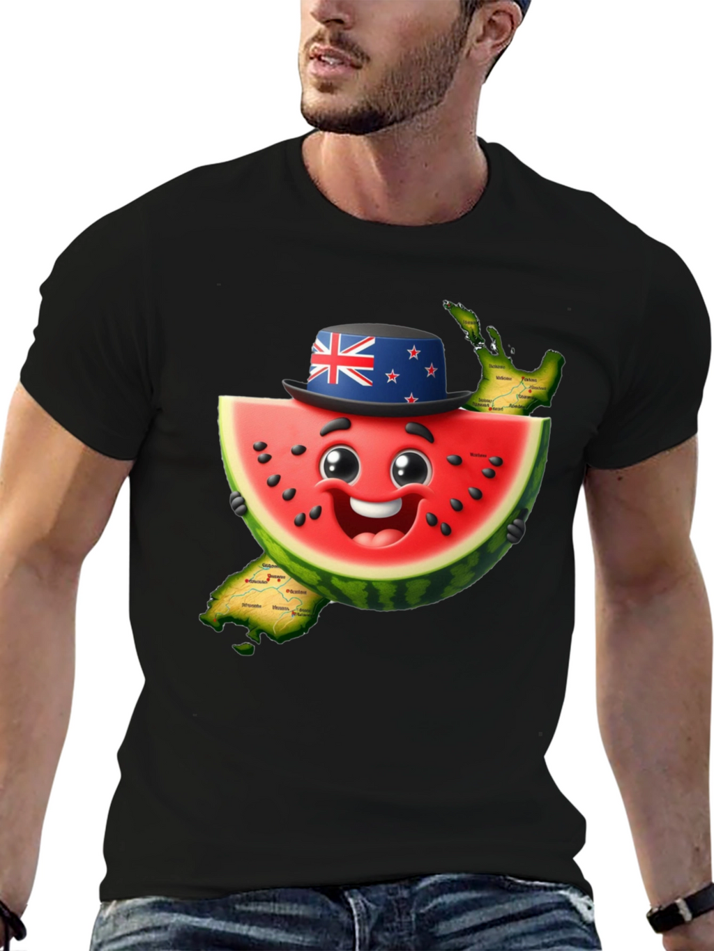 Novelty Watermelon New Zealand Map Graphic T-Shirt