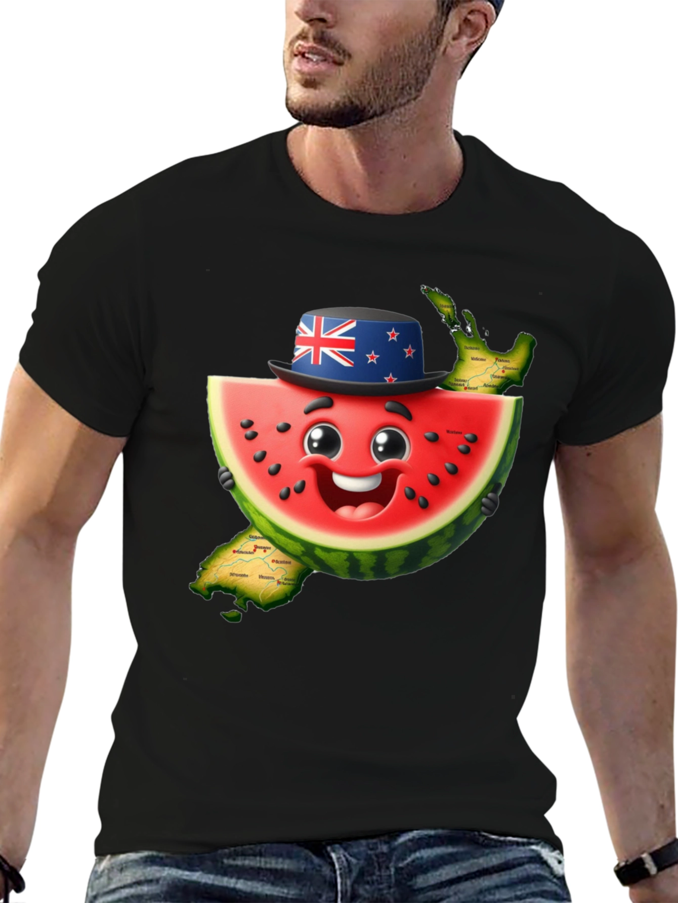 Novelty Watermelon New Zealand Map Graphic T-Shirt