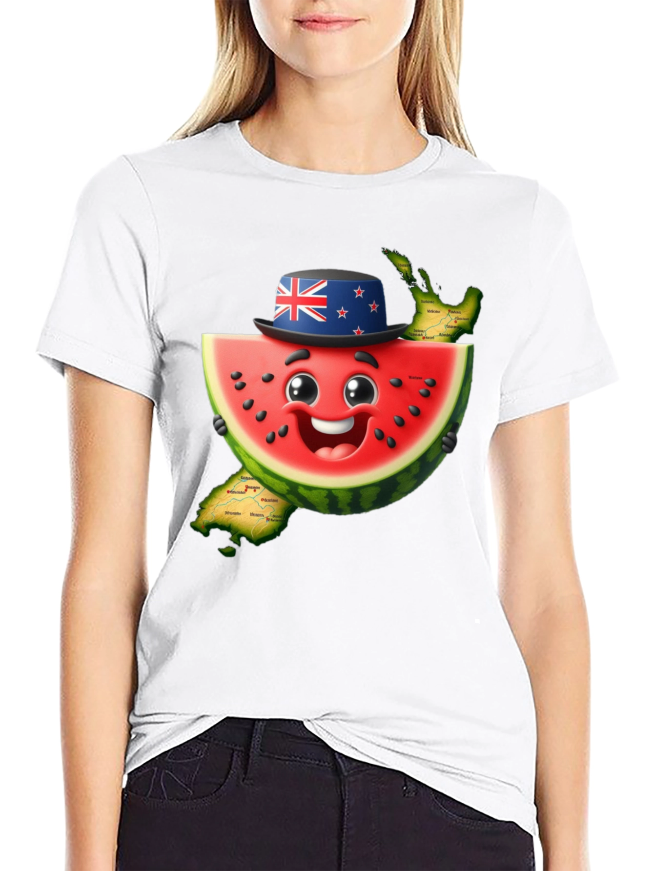 Novelty Watermelon New Zealand Map Graphic T-Shirt