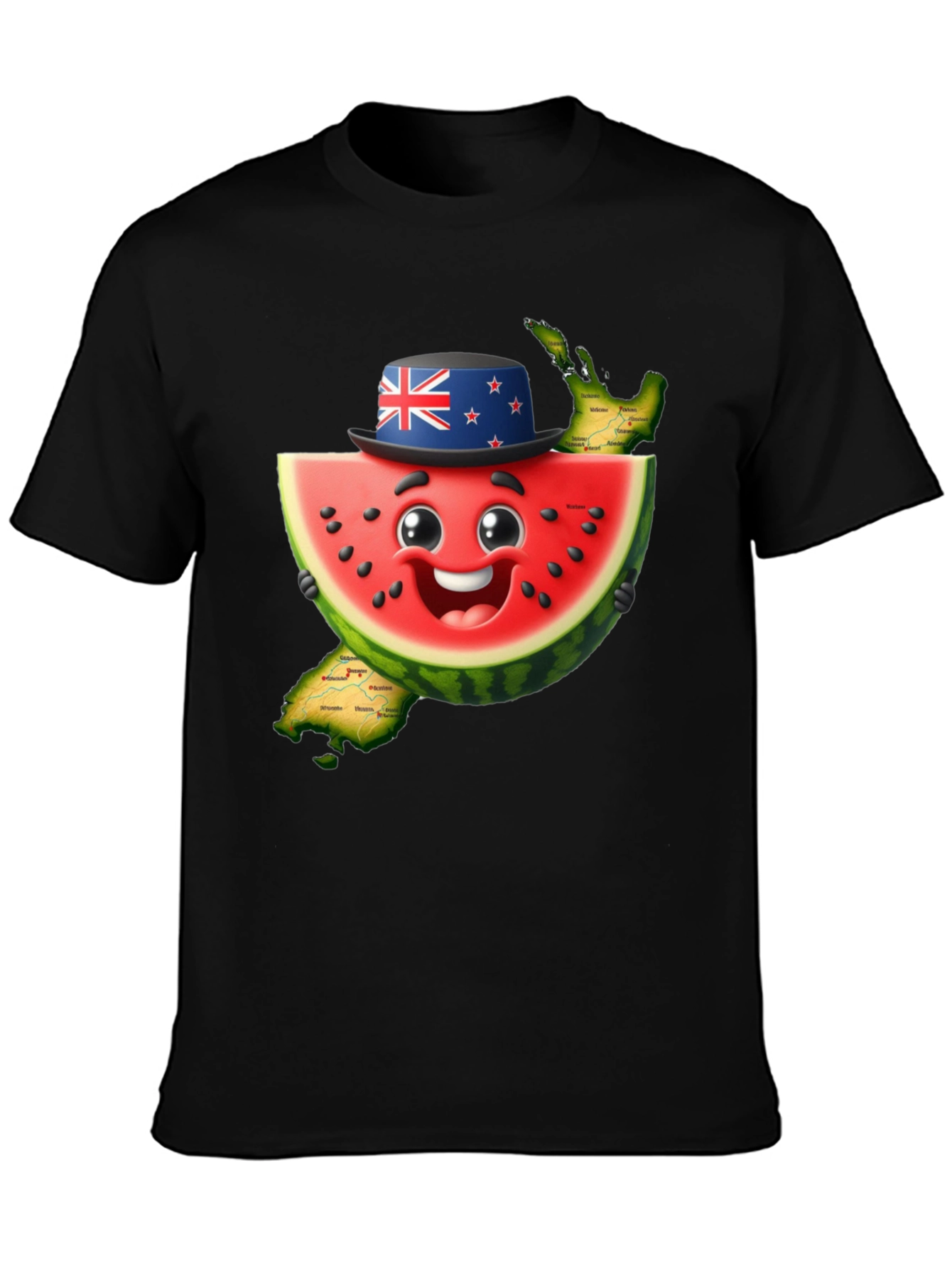 Novelty Watermelon New Zealand Map Graphic T-Shirt
