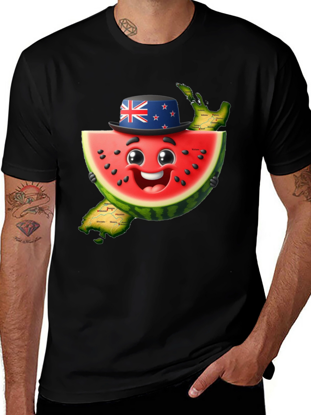 Novelty Watermelon New Zealand Map Graphic T-Shirt