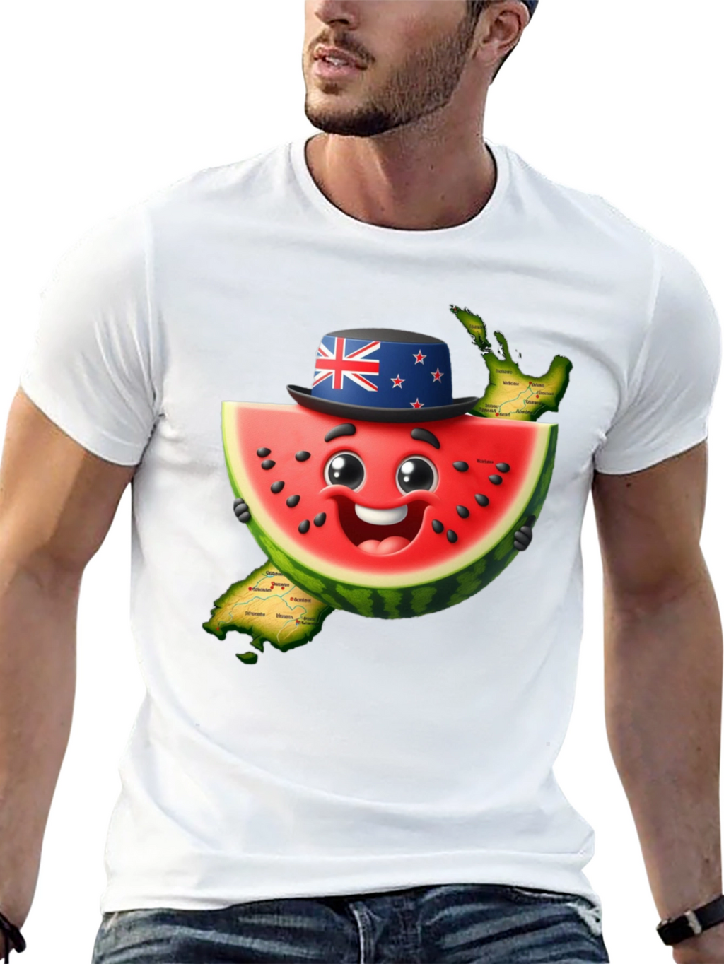 Novelty Watermelon New Zealand Map Graphic T-Shirt