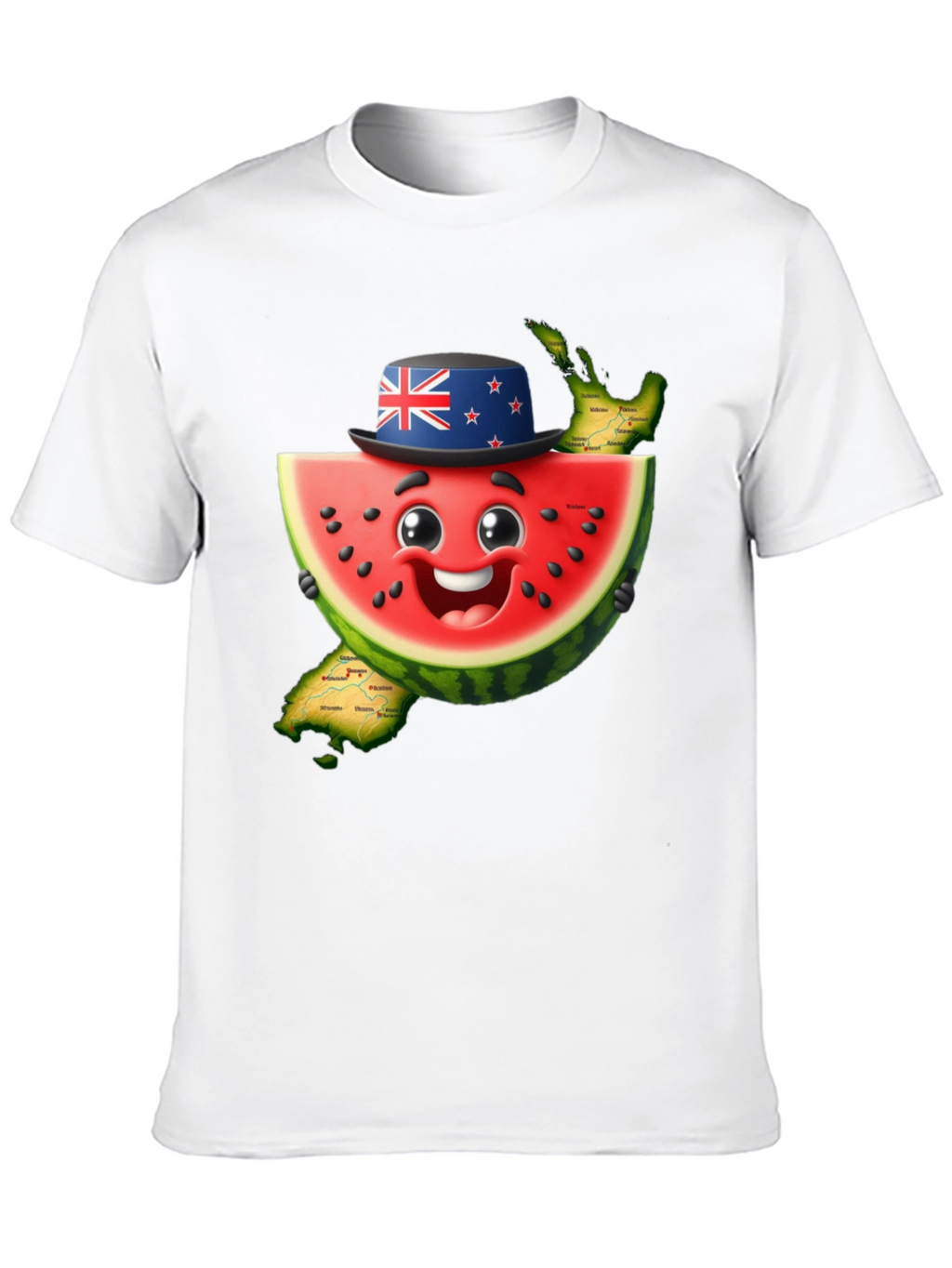 Novelty Watermelon New Zealand Map Graphic T-Shirt