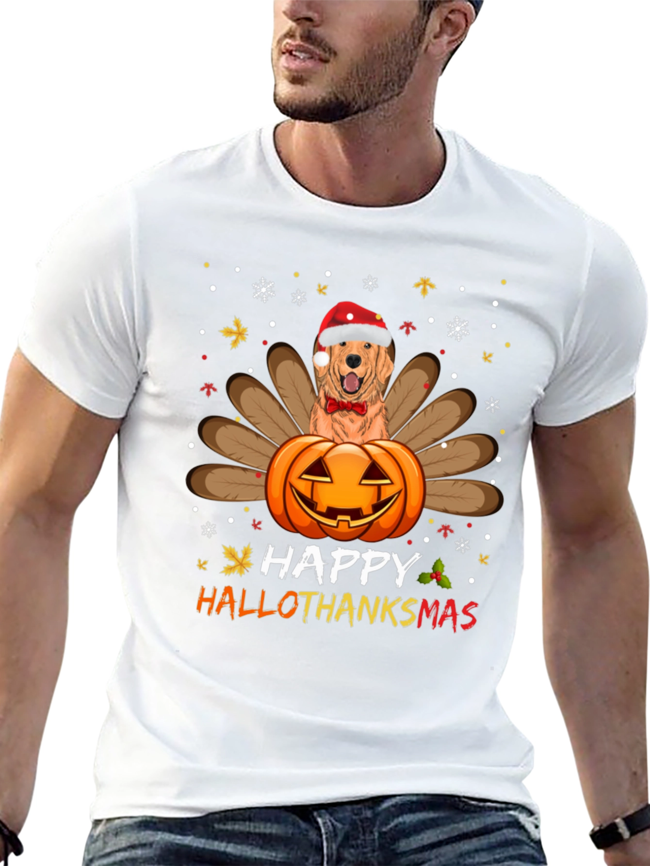 Happy HalloThanksmas Golden Retriever Turkey Pumpkin T-Shirt