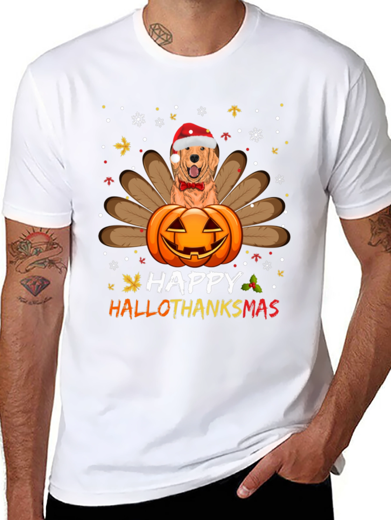 Happy HalloThanksmas Golden Retriever Turkey Pumpkin T-Shirt