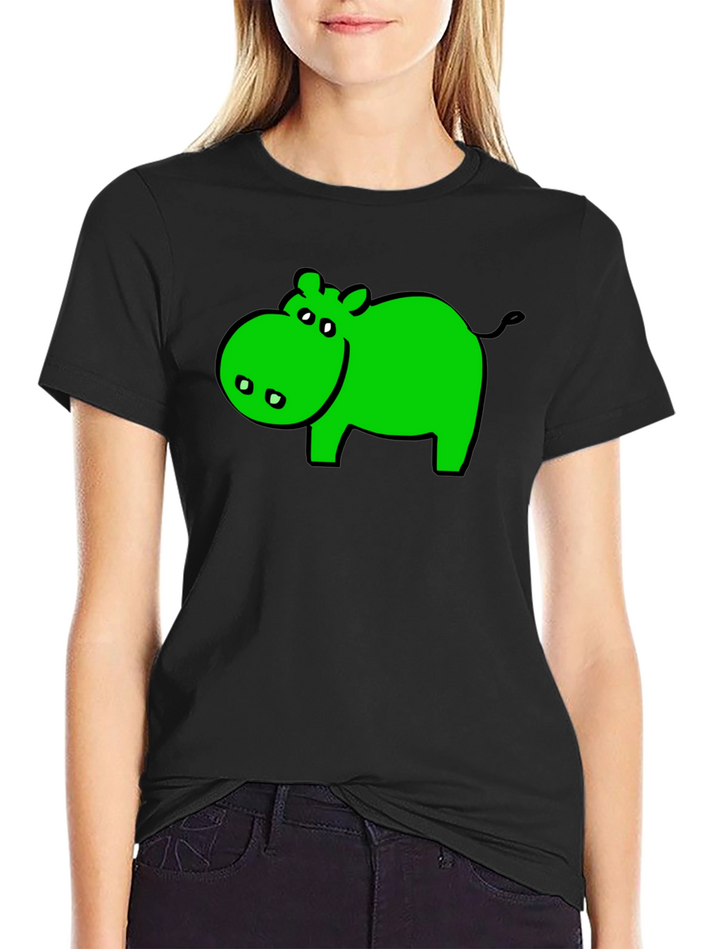 Green Hippo Graphic Black T-Shirt - Casual Wear