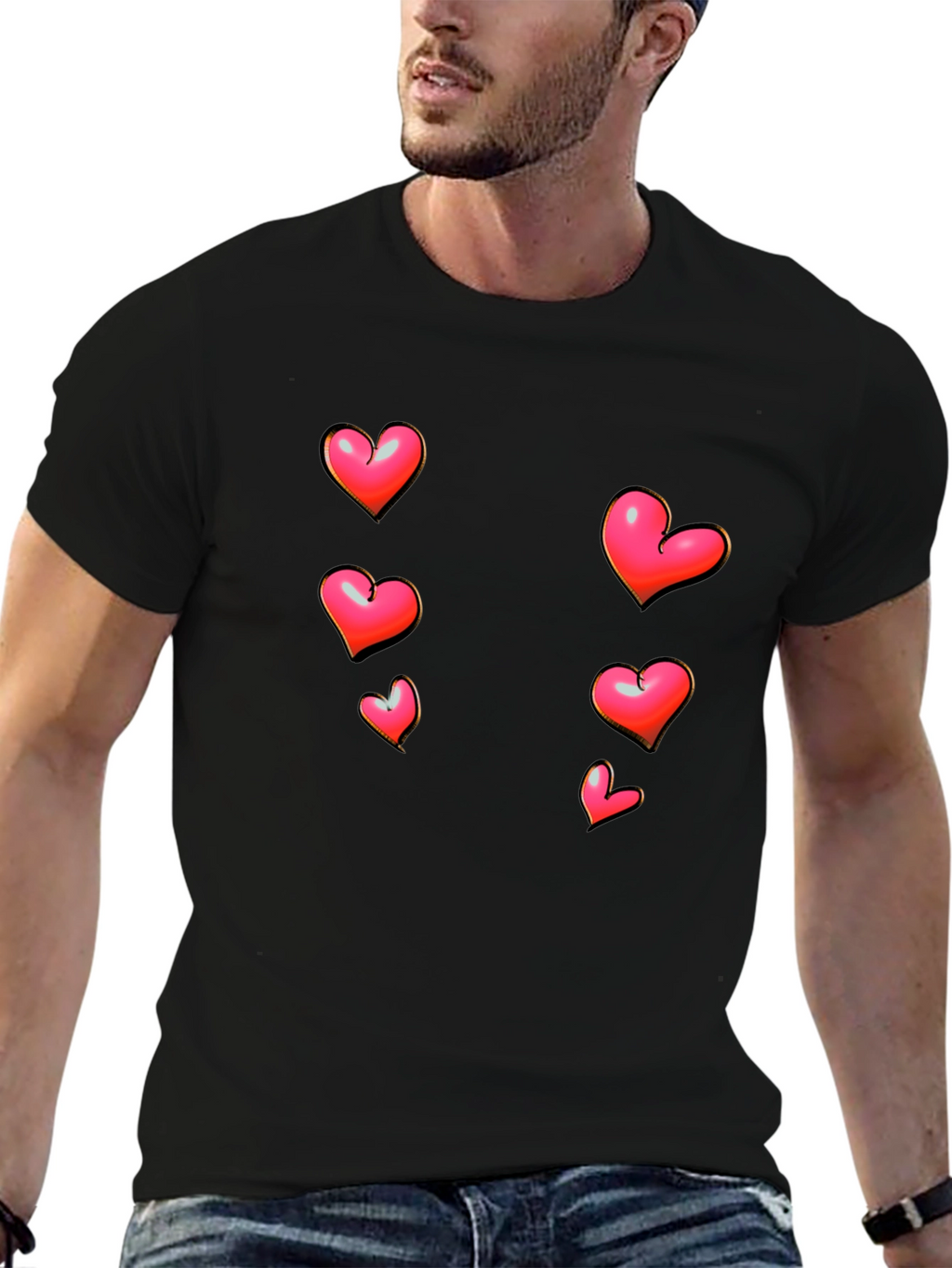 Heart Print Black Casual T-Shirt