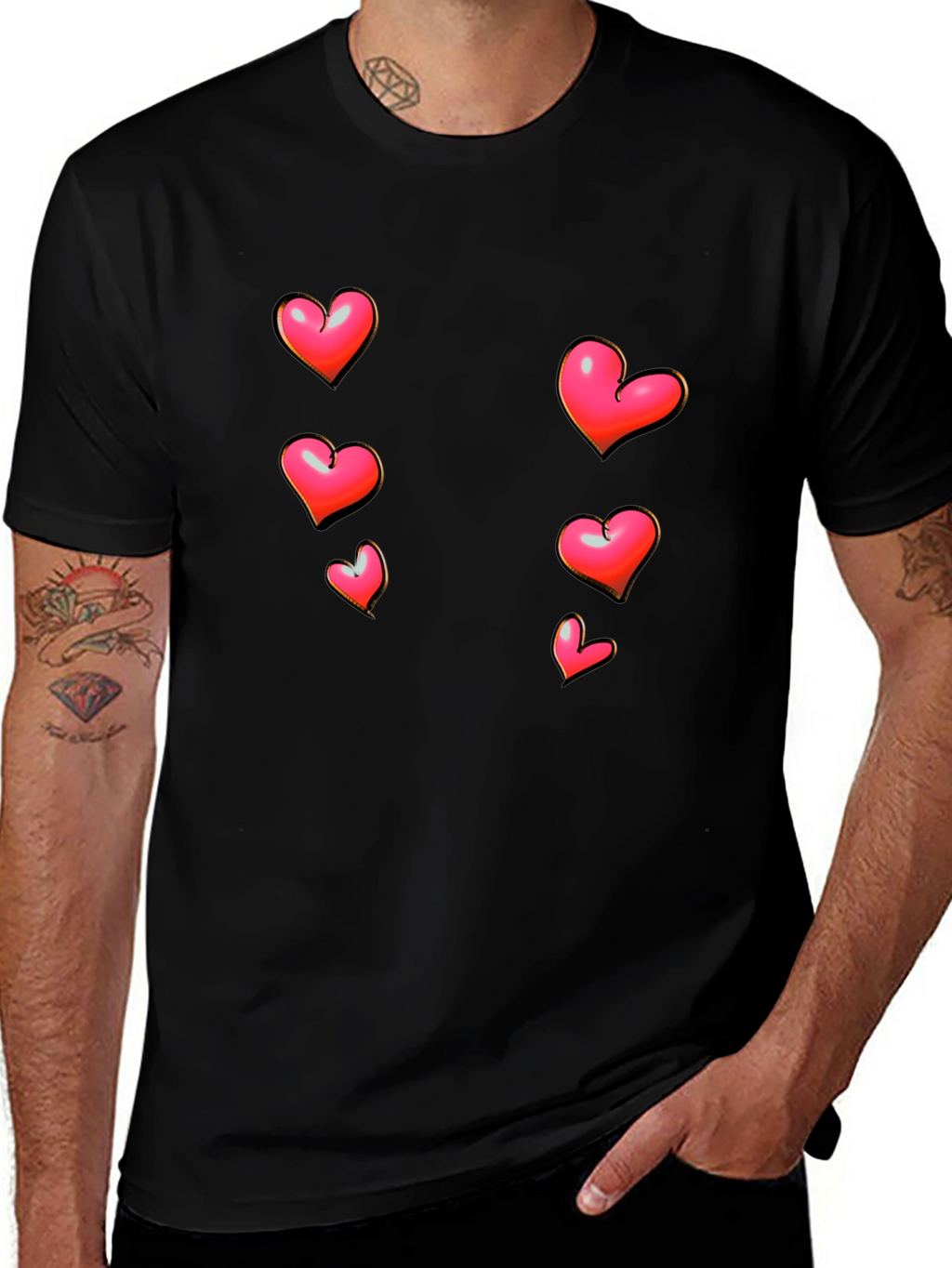 Heart Print Black Casual T-Shirt