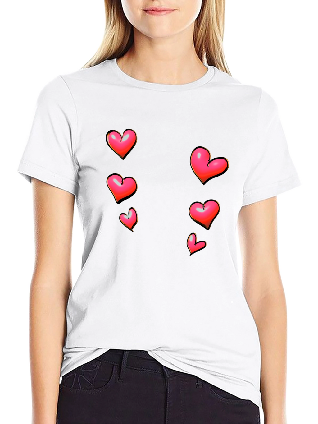 Heart Print Black Casual T-Shirt