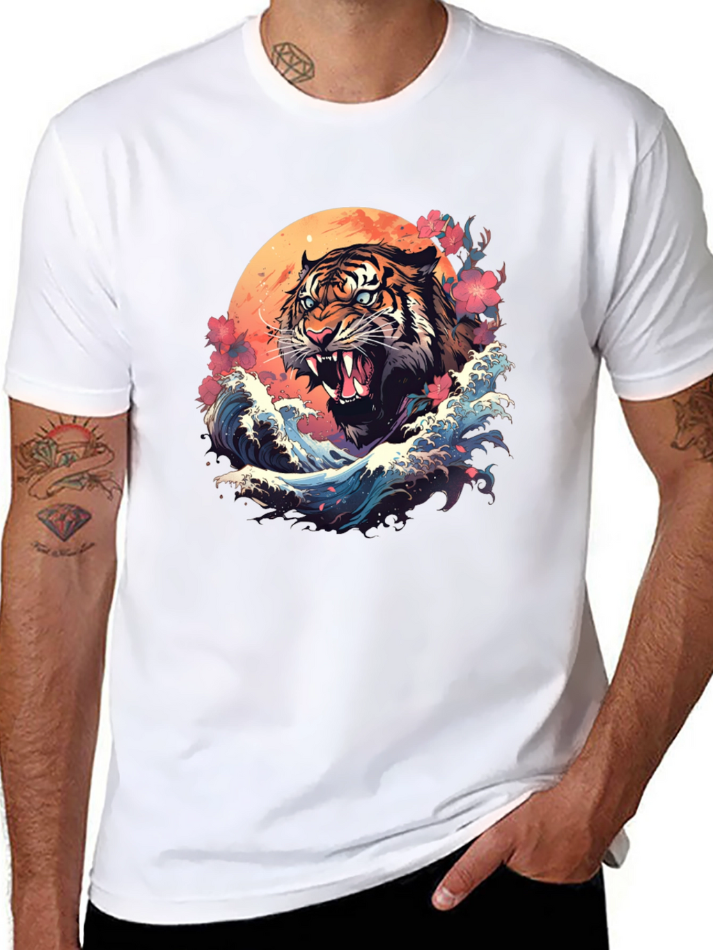 Tiger Wave Graphic Tee - Cool Asian Art Shirt