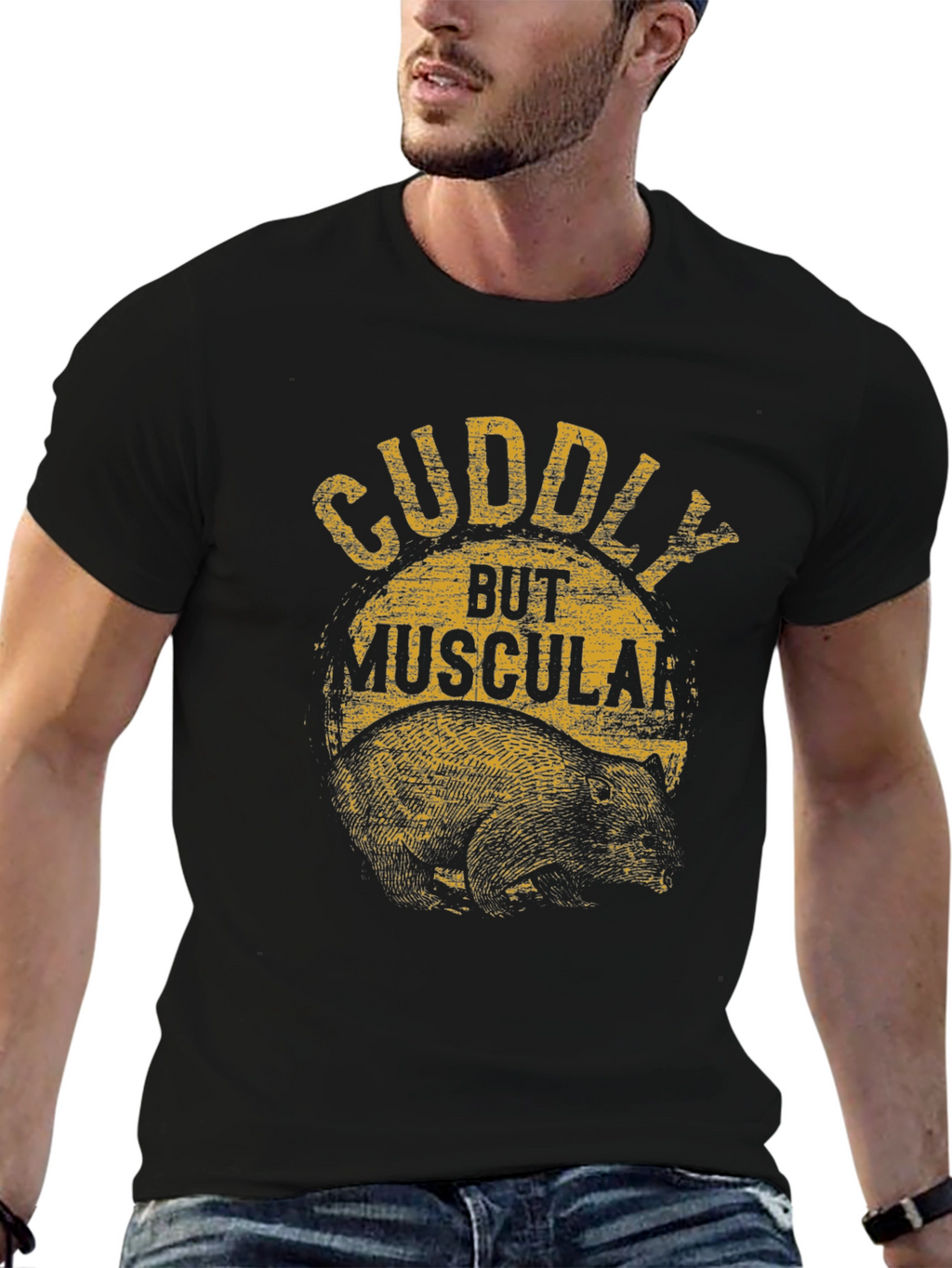 Cuddly But Muscular Bear Graphic Tee - Black